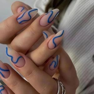 imageBABALAL Almond Press on Nails Medium Fake Nails Blue Swirl Glue on Nails Stiletto Acrylic Nails Matte Stick on Nails with DesignNAILM103blue