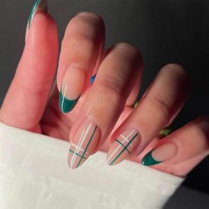 imageBABALAL Almond Press on Nails Medium Fake Nails Blue Swirl Glue on Nails Stiletto Acrylic Nails Matte Stick on Nails with DesignNAILM117green