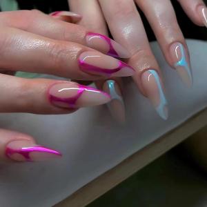 imageBABALAL Almond Press on Nails Medium Fake Nails Pink Blue Swirl Glue on Nails Stiletto 24Pcs Acrylic Nails with Design