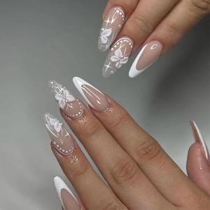 imageBABALAL Blue Press on Nails Medium Almond Fake Nails Sliver Chrome Bow Glue on Nails 3d Heart Charm Acrylic Nails Y2k Rhinestone Glitter Stick on False Nails 24Pcs Stiletto Nails Press onFNW04