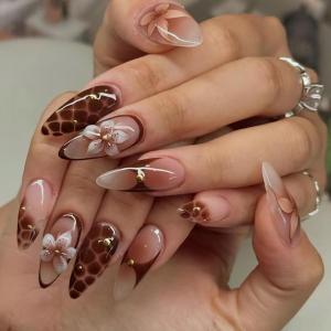 imageBABALAL Blue Press on Nails Medium Almond Fake Nails Sliver Chrome Bow Glue on Nails 3d Heart Charm Acrylic Nails Y2k Rhinestone Glitter Stick on False Nails 24Pcs Stiletto Nails Press onFNW14brown