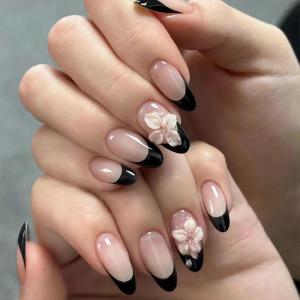 imageBABALAL Blue Press on Nails Medium Almond Fake Nails Sliver Chrome Bow Glue on Nails 3d Heart Charm Acrylic Nails Y2k Rhinestone Glitter Stick on False Nails 24Pcs Stiletto Nails Press onFNW12black