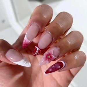 imageBABALAL Blue Press on Nails Medium Almond Fake Nails Sliver Chrome Bow Glue on Nails 3d Heart Charm Acrylic Nails Y2k Rhinestone Glitter Stick on False Nails 24Pcs Stiletto Nails Press onFNW14flower