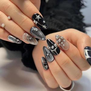 imageBABALAL Blue Press on Nails Medium Almond Fake Nails Sliver Chrome Bow Glue on Nails 3d Heart Charm Acrylic Nails Y2k Rhinestone Glitter Stick on False Nails 24Pcs Stiletto Nails Press onFNW07