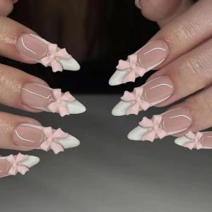 imageBABALAL Blue Press on Nails Medium Almond Fake Nails Sliver Chrome Bow Glue on Nails 3d Heart Charm Acrylic Nails Y2k Rhinestone Glitter Stick on False Nails 24Pcs Stiletto Nails Press onFNW01bow