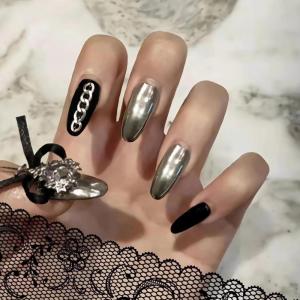 imageBABALAL Blue Press on Nails Medium Almond Fake Nails Sliver Chrome Bow Glue on Nails 3d Heart Charm Acrylic Nails Y2k Rhinestone Glitter Stick on False Nails 24Pcs Stiletto Nails Press onFNW02sliver