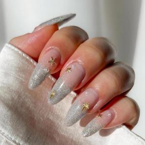 imageBABALAL Blue Press on Nails Medium Almond Fake Nails Sliver Chrome Bow Glue on Nails 3d Heart Charm Acrylic Nails Y2k Rhinestone Glitter Stick on False Nails 24Pcs Stiletto Nails Press onFNW18