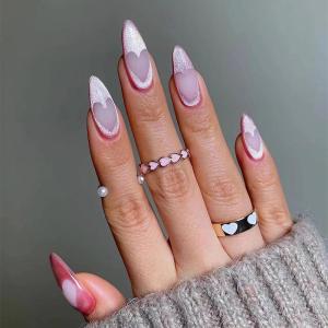 imageBABALAL Blue Press on Nails Medium Almond Fake Nails Sliver Chrome Bow Glue on Nails 3d Heart Charm Acrylic Nails Y2k Rhinestone Glitter Stick on False Nails 24Pcs Stiletto Nails Press onFNW05