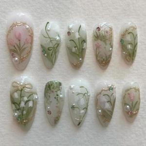 imageBABALAL Blue Press on Nails Medium Almond Fake Nails Sliver Chrome Bow Glue on Nails 3d Heart Charm Acrylic Nails Y2k Rhinestone Glitter Stick on False Nails 24Pcs Stiletto Nails Press onFNW14green