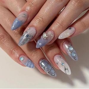 imageBABALAL Blue Press on Nails Medium Almond Fake Nails Sliver Chrome Bow Glue on Nails 3d Heart Charm Acrylic Nails Y2k Rhinestone Glitter Stick on False Nails 24Pcs Stiletto Nails Press onFNW09