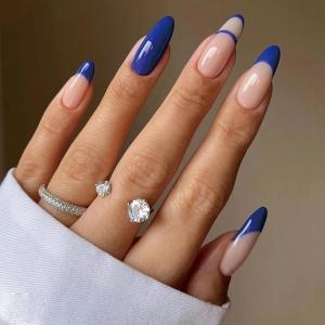 imageBABALAL Blue Press on Nails Medium Fake Nails Almond Glue on Nails Stiletto Acrylic Nails with Flower Design 24Pcs Stick on Nails for Women and GirlsNAILG01