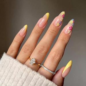 imageBABALAL Blue Press on Nails Medium Fake Nails Almond Glue on Nails Stiletto Acrylic Nails with Flower Design 24Pcs Stick on Nails for Women and GirlsNAILG09