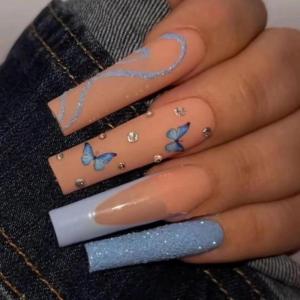 imageBABALAL Square Press on Nails Long Fake Nails Blue French Tip Glue on Nails Butterfly Glitter Rhinestone Shiny Acrylic Nails 24Pcs Squoval Manicure False Nails for Women and Girls
