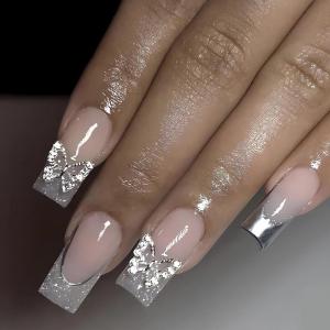 imageBABALAL Square Press on Nails Long Fake Nails Blue French Tip Glue on Nails Glitter Shiny Heart Design Acrylic Nails 24Pcs Squoval Manicure Artificial False Nails for Women and GirlsFNO04butterfly