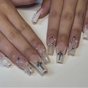 imageBABALAL Square Press on Nails Long Fake Nails Blue French Tip Glue on Nails Glitter Shiny Heart Design Acrylic Nails 24Pcs Squoval Manicure Artificial False Nails for Women and GirlsFNO09white
