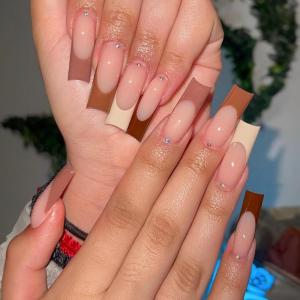 imageBABALAL Square Press on Nails Long Fake Nails Blue French Tip Glue on Nails Glitter Shiny Heart Design Acrylic Nails 24Pcs Squoval Manicure Artificial False Nails for Women and GirlsFNO12brown