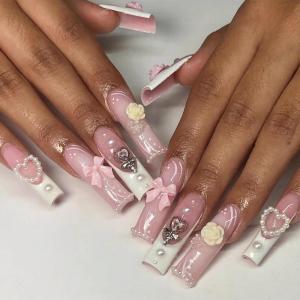 imageBABALAL Square Press on Nails Long Fake Nails Blue French Tip Glue on Nails Glitter Shiny Heart Design Acrylic Nails 24Pcs Squoval Manicure Artificial False Nails for Women and GirlsFNO03pink