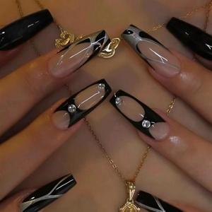 imageBABALAL Square Press on Nails Long Fake Nails Blue French Tip Glue on Nails Glitter Shiny Heart Design Acrylic Nails 24Pcs Squoval Manicure Artificial False Nails for Women and GirlsFNO06black