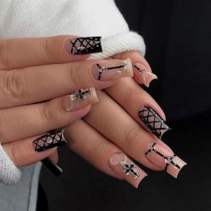 imageBABALAL Square Press on Nails Long Fake Nails Blue French Tip Glue on Nails Glitter Shiny Heart Design Acrylic Nails 24Pcs Squoval Manicure Artificial False Nails for Women and GirlsFNO05charm