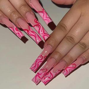 imageBABALAL Square Press on Nails Long Fake Nails Blue French Tip Glue on Nails Glitter Shiny Heart Design Acrylic Nails 24Pcs Squoval Manicure Artificial False Nails for Women and GirlsFNO22pink