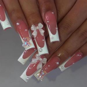 imageBABALAL Square Press on Nails Long Fake Nails Blue French Tip Glue on Nails Glitter Shiny Heart Design Acrylic Nails 24Pcs Squoval Manicure Artificial False Nails for Women and GirlsFNO04white