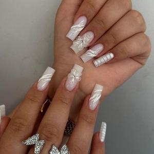 imageBABALAL Square Press on Nails Long Fake Nails Blue French Tip Glue on Nails Glitter Shiny Heart Design Acrylic Nails 24Pcs Squoval Manicure Artificial False Nails for Women and GirlsFNO04flower