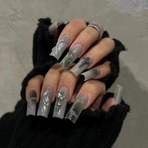 imageBABALAL Square Press on Nails Long Fake Nails Blue French Tip Glue on Nails Glitter Shiny Heart Design Acrylic Nails 24Pcs Squoval Manicure Artificial False Nails for Women and GirlsFNO03goth