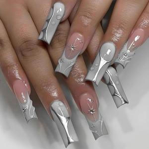 imageBABALAL Square Press on Nails Long Fake Nails Blue French Tip Glue on Nails Glitter Shiny Heart Design Acrylic Nails 24Pcs Squoval Manicure Artificial False Nails for Women and GirlsFNO03chrome