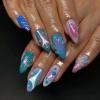 imageBABALAL Press on Nails Almond Fake Nails Medium Glue on Blue Ombre French Tip False Nails 3D Texture Flower Handmade Supplies 24Pcs Full Cover Stick on Acrylic Nails for Women GirlsBNM03