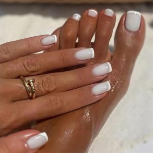 imageBABALAL 48Pcs Square Nails press on Short ampamp Press on Toenails Set Glossy Glue on Pink Fake Nails French Tip Acrylic Kit Summer False Toe Nail with Design Glossy KitANht114