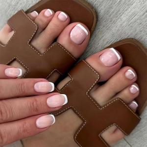 imageBABALAL 48Pcs Square Nails press on Short ampamp Press on Toenails Set Glossy Glue on Pink Fake Nails French Tip Acrylic Kit Summer False Toe Nail with Design Glossy KitANht113