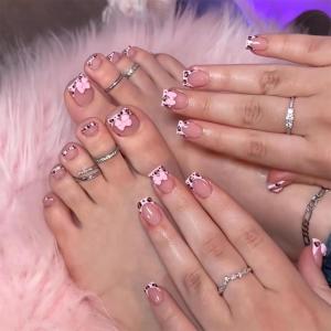 imageBABALAL 48Pcs Square Nails press on Short ampamp Press on Toenails Set Glossy Glue on Pink Fake Nails French Tip Acrylic Kit Summer False Toe Nail with Design Glossy KitANht110