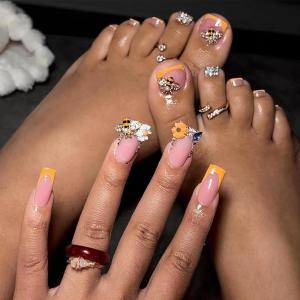 imageBABALAL 48Pcs Square Nails press on Short ampamp Press on Toenails Set Glossy Glue on Pink Fake Nails French Tip Acrylic Kit Summer False Toe Nail with Design Glossy KitANht105