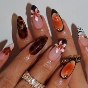 imageBABALAL Press on Nails Almond Fake Nails Medium Glue on Blue Ombre French Tip False Nails 3D Texture Flower Handmade Supplies 24Pcs Full Cover Stick on Acrylic Nails for Women GirlsBNM15brown