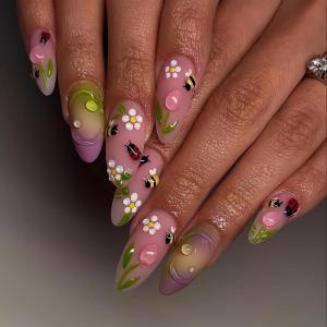 imageBABALAL Press on Nails Almond Fake Nails Medium Glue on Blue Ombre French Tip False Nails 3D Texture Flower Handmade Supplies 24Pcs Full Cover Stick on Acrylic Nails for Women GirlsBNM09