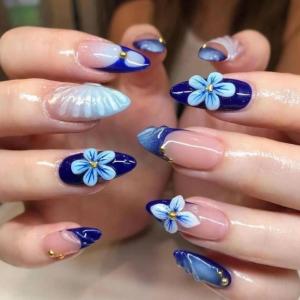 imageBABALAL Press on Nails Almond Fake Nails Medium Glue on Blue Ombre French Tip False Nails 3D Texture Flower Handmade Supplies 24Pcs Full Cover Stick on Acrylic Nails for Women GirlsBNM16