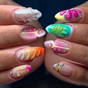 imageBABALAL Press on Nails Almond Fake Nails Medium Glue on Blue Ombre French Tip False Nails 3D Texture Flower Handmade Supplies 24Pcs Full Cover Stick on Acrylic Nails for Women GirlsBNM04