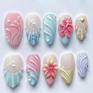 imageBABALAL Press on Nails Almond Fake Nails Medium Glue on Blue Ombre French Tip False Nails 3D Texture Flower Handmade Supplies 24Pcs Full Cover Stick on Acrylic Nails for Women GirlsBNM07