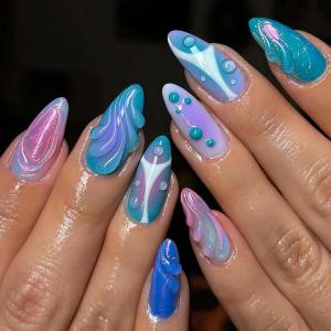 imageBABALAL Press on Nails Almond Fake Nails Medium Glue on Blue Ombre French Tip False Nails 3D Texture Flower Handmade Supplies 24Pcs Full Cover Stick on Acrylic Nails for Women GirlsBNM03