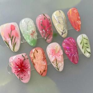 imageBABALAL Press on Nails Almond Fake Nails Medium Glue on Blue Ombre French Tip False Nails 3D Texture Flower Handmade Supplies 24Pcs Full Cover Stick on Acrylic Nails for Women GirlsBNM19