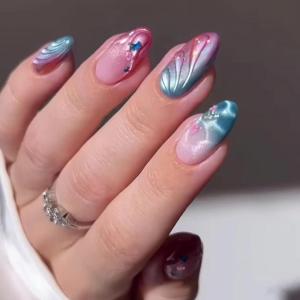 imageBABALAL Press on Nails Almond Fake Nails Medium Glue on Blue Ombre French Tip False Nails 3D Texture Flower Handmade Supplies 24Pcs Full Cover Stick on Acrylic Nails for Women GirlsBNM15