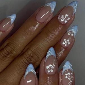 imageBABALAL Press on Nails Almond Fake Nails Medium Glue on Blue Ombre French Tip False Nails 3D Texture Flower Handmade Supplies 24Pcs Full Cover Stick on Acrylic Nails for Women GirlsBNM14