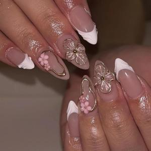 imageBABALAL Press on Nails Almond Fake Nails Medium Glue on Blue Ombre French Tip False Nails 3D Texture Flower Handmade Supplies 24Pcs Full Cover Stick on Acrylic Nails for Women GirlsBNM08