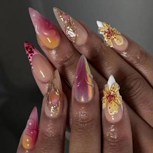 imageBABALAL Press on Nails Almond Fake Nails Medium Glue on Blue Ombre French Tip False Nails 3D Texture Flower Handmade Supplies 24Pcs Full Cover Stick on Acrylic Nails for Women GirlsBNM02