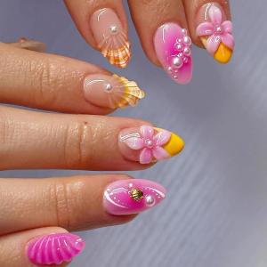 imageBABALAL Press on Nails Almond Fake Nails Medium Glue on Blue Ombre French Tip False Nails 3D Texture Flower Handmade Supplies 24Pcs Full Cover Stick on Acrylic Nails for Women GirlsBNM05