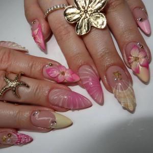 imageBABALAL Press on Nails Almond Fake Nails Medium Glue on Blue Ombre French Tip False Nails 3D Texture Flower Handmade Supplies 24Pcs Full Cover Stick on Acrylic Nails for Women GirlsBNM01