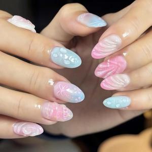 imageBABALAL Press on Nails Almond Fake Nails Medium Glue on Blue Ombre French Tip False Nails 3D Texture Flower Handmade Supplies 24Pcs Full Cover Stick on Acrylic Nails for Women GirlsBNM10