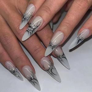 imageBABALAL Press on Nails Almond Fake Nails Medium Glue on Cheetah Print Y2k 3d Texture Cherry Handmade French Tip Acrylic False Nails 24Pcs Stiletto Full Cover Handmade Nails for Women GirlsBNP07