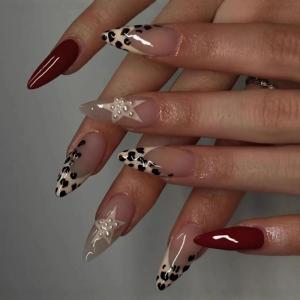 imageBABALAL Press on Nails Almond Fake Nails Medium Glue on Cheetah Print Y2k 3d Texture Cherry Handmade French Tip Acrylic False Nails 24Pcs Stiletto Full Cover Handmade Nails for Women GirlsBNP06