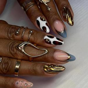 imageBABALAL Press on Nails Almond Fake Nails Medium Glue on Cheetah Print Y2k 3d Texture Cherry Handmade French Tip Acrylic False Nails 24Pcs Stiletto Full Cover Handmade Nails for Women GirlsBNP01